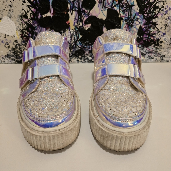 TUK White Glitter Creepers Sneakers 2 Velcro Straps Flat Platform Soles Size 10 - Picture 3 of 17